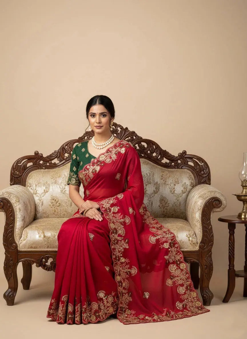 Red Embroidery Work Soft Fendy Chiffon Saree – Kalyanja